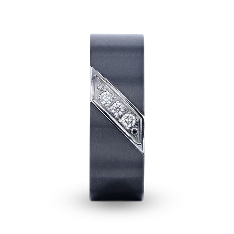 Thorsten JAGUAR Flat Brushed Black Titanium Men's Wedding Band With Small Silver-Coated Diagonal Design And A Set of 3 Diamonds - 8mm Thorsten JAGUAR Flat Brushed Black Titanium Men's Wedding Band With Small Silver-Coated Diagonal Design And A Set of 3 Diamonds - 8mm