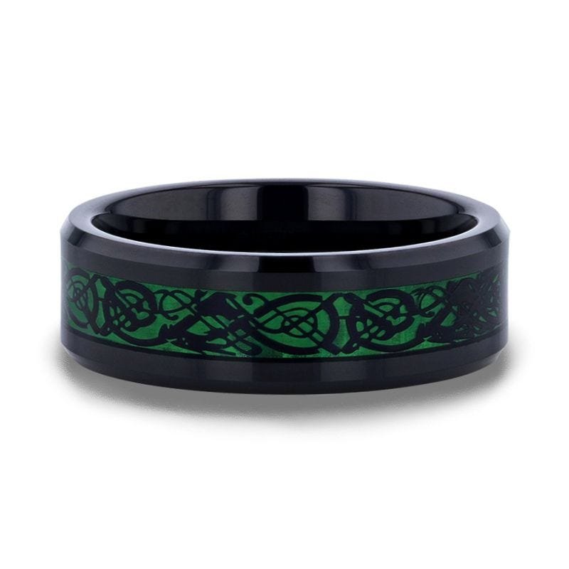 Thorsten ALLURE Black Dragon Design With Green Background Inlaid Black Tungsten Men's Ring With Clear Coating And Beveled Edge - 8mm Thorsten ALLURE Black Dragon Design With Green Background Inlaid Black Tungsten Men's Ring With Clear Coating And Beveled Edge - 8mm