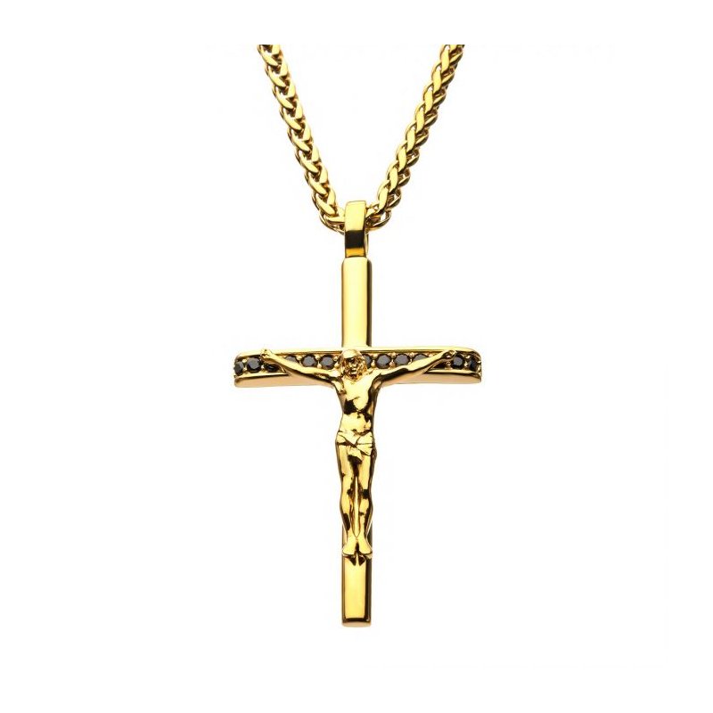 CROSS　Jewelers Collection Flamestitch INOX Jewelry Stainless Steel Gold IP with Black CZ Jesus Christ