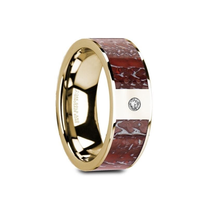 Thorsten 14k White Gold with Brown Dinosaur Inlay & White Diamond Setting - 8mm Thorsten 14k White Gold with Brown Dinosaur Inlay & White Diamond Setting - 8mm