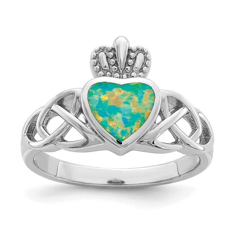 Sterling Silver Blue Inlay Created Opal Irish Claddagh Pendant