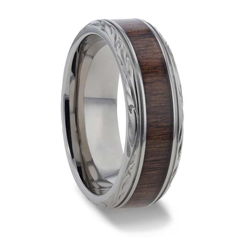 Thorsten ROSENTRA Rosewood Inlay with Detailed Beveled Edges Titanium Polished Wedding Ring - 8mm Thorsten ROSENTRA Rosewood Inlay with Detailed Beveled Edges Titanium Polished Wedding Ring - 8mm