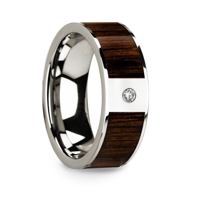 Thorsten 14k White Gold & Black Walnut Inlay Wedding Ring with Diamond - 8mm Thorsten 14k White Gold & Black Walnut Inlay Wedding Ring with Diamond - 8mm