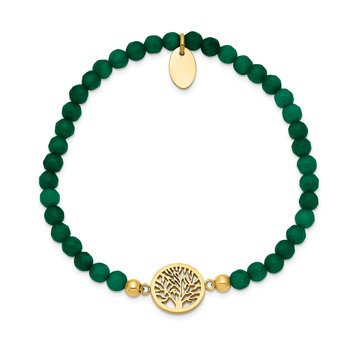 Stainless Steel Gold Plated Tree of Life 4mm Green Jade Beaded Stretch Bracelet Stainless Steel Gold Plated Tree of Life 4mm Green Jade Beaded Stretch Bracelet
