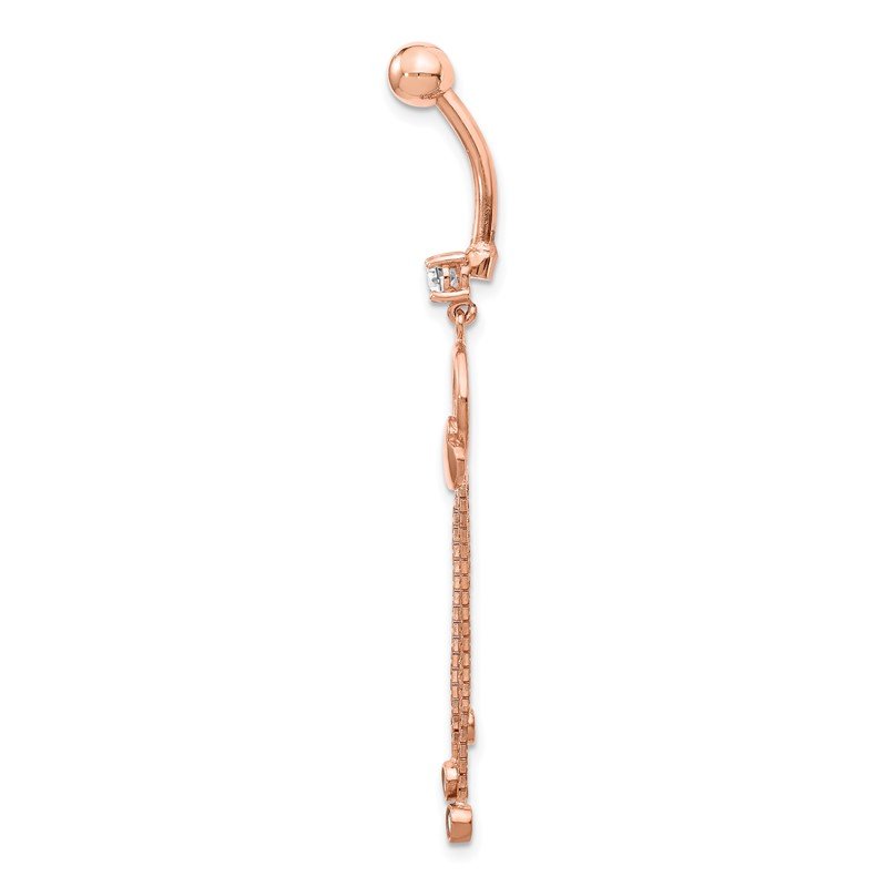 14k Rose Gold 14 Gauge CZ Heart 3 Chain Dangle Belly Ring