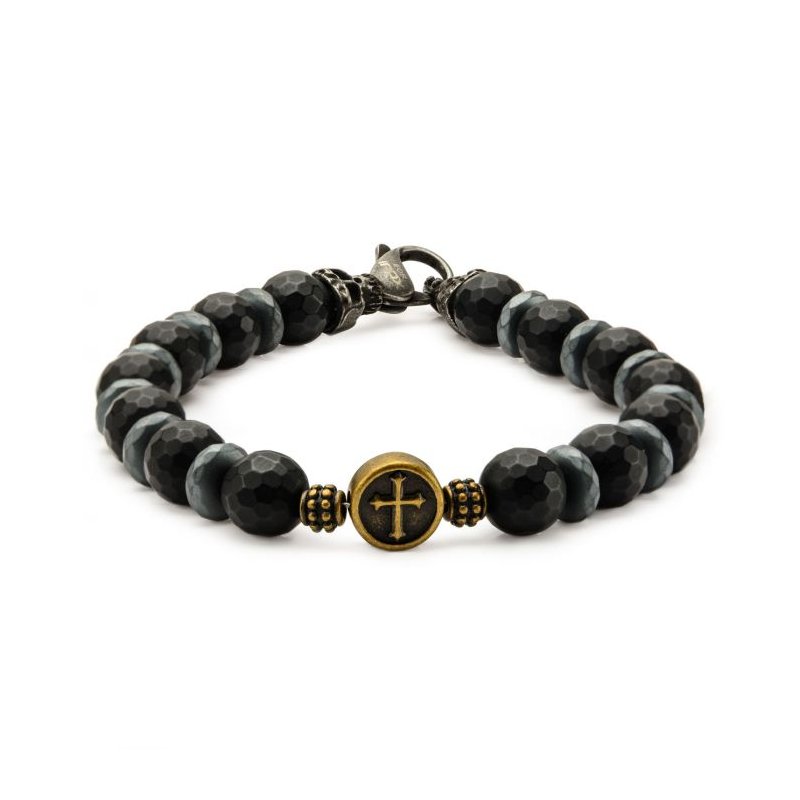 INOX Jewelry Black Beads in Cross & Skull Bracelet with Lobster