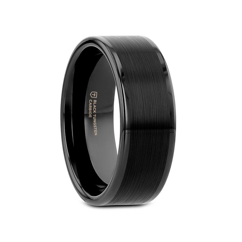 Thorsten VULCAN Flat Black Tungsten Ring with Brushed Center & Polished Edges - 4mm - 12mm