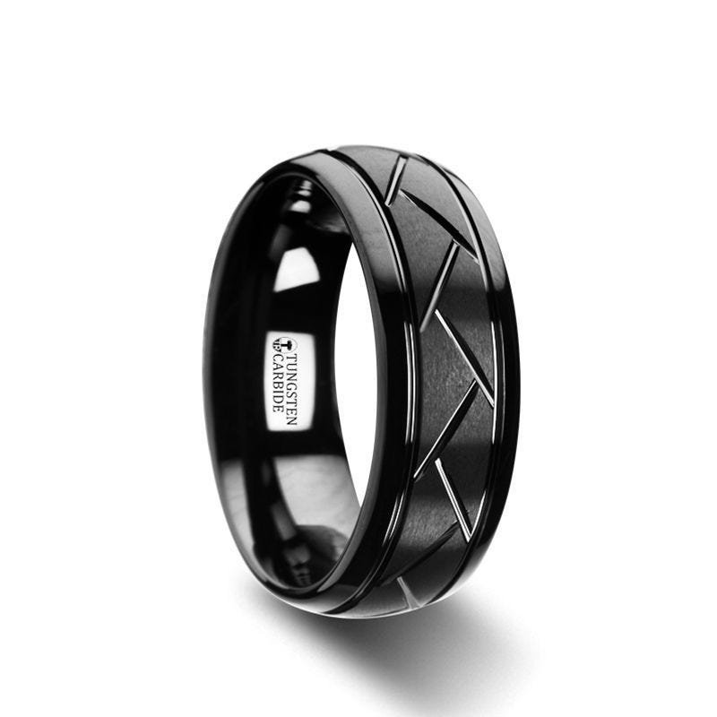Thorsten ENIGMA Domed Black Tungsten Ring with Brushed Cross Alternating Diagonal Cuts Pattern - 8mm Thorsten ENIGMA Domed Black Tungsten Ring with Brushed Cross Alternating Diagonal Cuts Pattern - 8mm