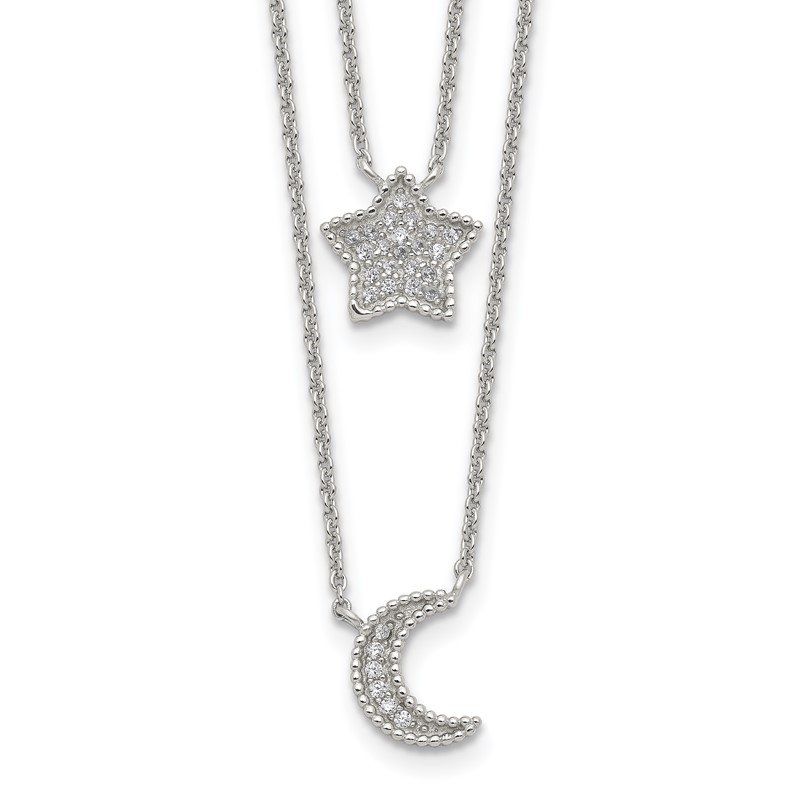 Sterling Silver Polished CZ Moon And Star Double Strand Necklace Sterling Silver Polished CZ Moon And Star Double Strand Necklace