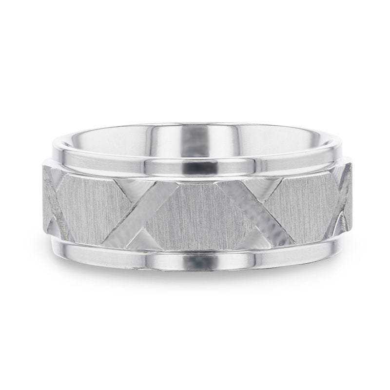 Thorsten VIRAGE Raised Horizontal Etch and Diagonal Shaped Cuts Centered Titanium Men's Wedding Ring With Polished Step Edges - 8mm Thorsten VIRAGE Raised Horizontal Etch and Diagonal Shaped Cuts Centered Titanium Men's Wedding Ring With Polished Step Edges - 8mm