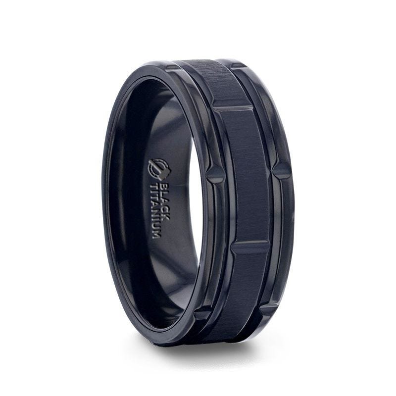 Thorsten WYNN Alternating Grooves And Horizontal Etched Finish Black Titanium Men's Wedding Band With Alternating Grooved Beveled Polished Edges - 8mm Thorsten WYNN Alternating Grooves And Horizontal Etched Finish Black Titanium Men's Wedding Band With Alternating Grooved Beveled Polished Edges - 8mm