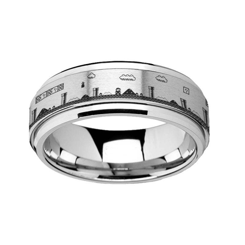 Thorsten Spinning Engraved Super Mario Bros Pixel Level Game Black Tungsten Carbide Spinner Band - 8mm Thorsten Spinning Engraved Super Mario Bros Pixel Level Game Black Tungsten Carbide Spinner Band - 8mm