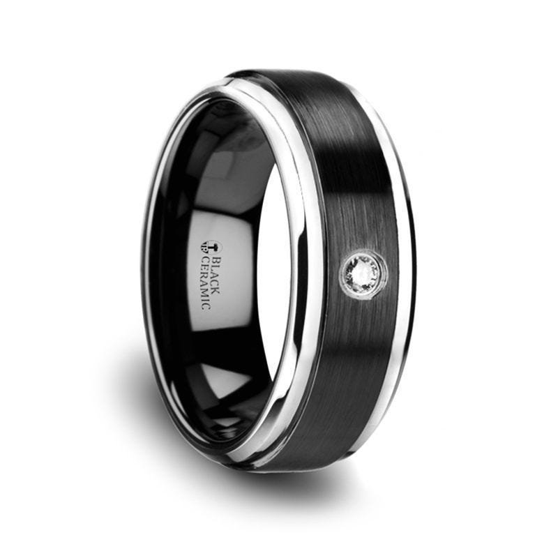 Thorsten MONARCH Black Ceramic Wedding Band with Diamond, Polished Beveled Step Edges, & Raised Brush Center - 6mm & 8mm Thorsten MONARCH Black Ceramic Wedding Band with Diamond, Polished Beveled Step Edges, & Raised Brush Center - 6mm & 8mm