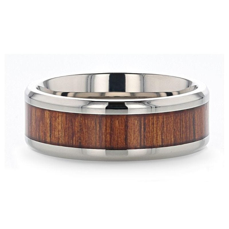 Thorsten KOAN Titanium Polished Finish Koa Wood Inlaid Men’s Wedding Ring with Beveled Edges - 6mm & 8mm Thorsten KOAN Titanium Polished Finish Koa Wood Inlaid Men’s Wedding Ring with Beveled Edges - 6mm & 8mm
