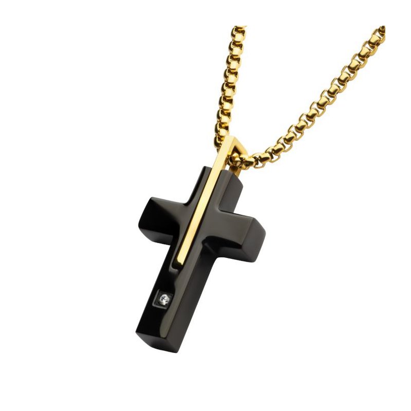 INOX Jewelry 18Kt Gold IP Stainless Steel Two Tone Black IP