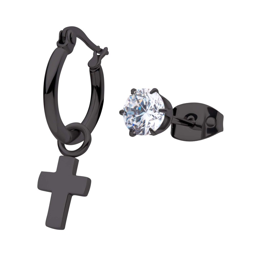 INOX Jewelry Black IP Dangling Cross Hoop & Prong Set CZ Stud