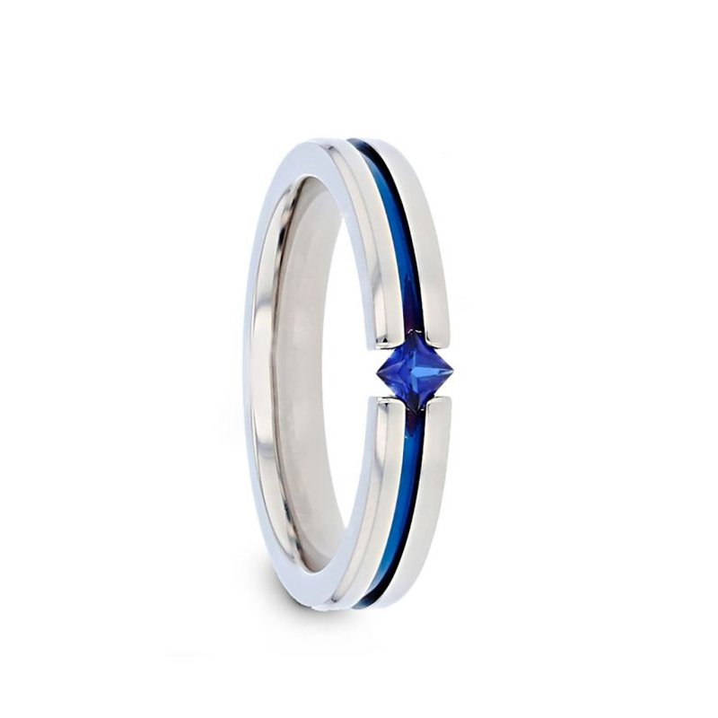 Thorsten NYMERIA Tension Set Blue Sapphire Titanium Band with Blue Stripe - 4mm Thorsten NYMERIA Tension Set Blue Sapphire Titanium Band with Blue Stripe - 4mm