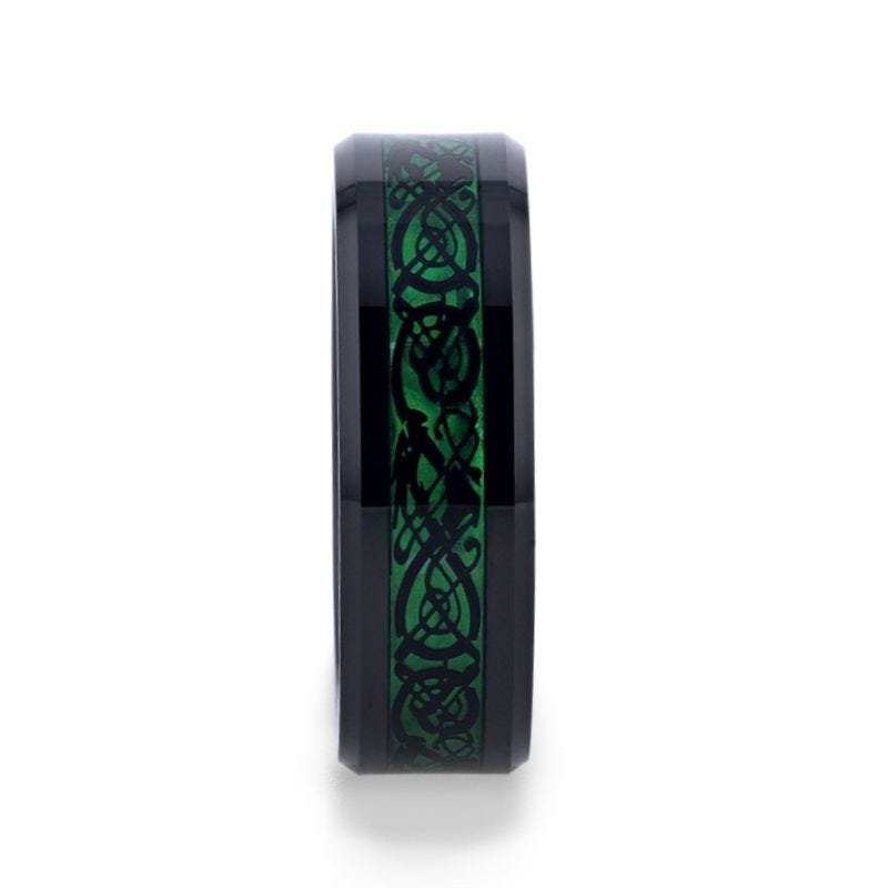 Thorsten ALLURE Black Dragon Design With Green Background Inlaid Black Tungsten Men's Ring With Clear Coating And Beveled Edge - 8mm Thorsten ALLURE Black Dragon Design With Green Background Inlaid Black Tungsten Men's Ring With Clear Coating And Beveled Edge - 8mm