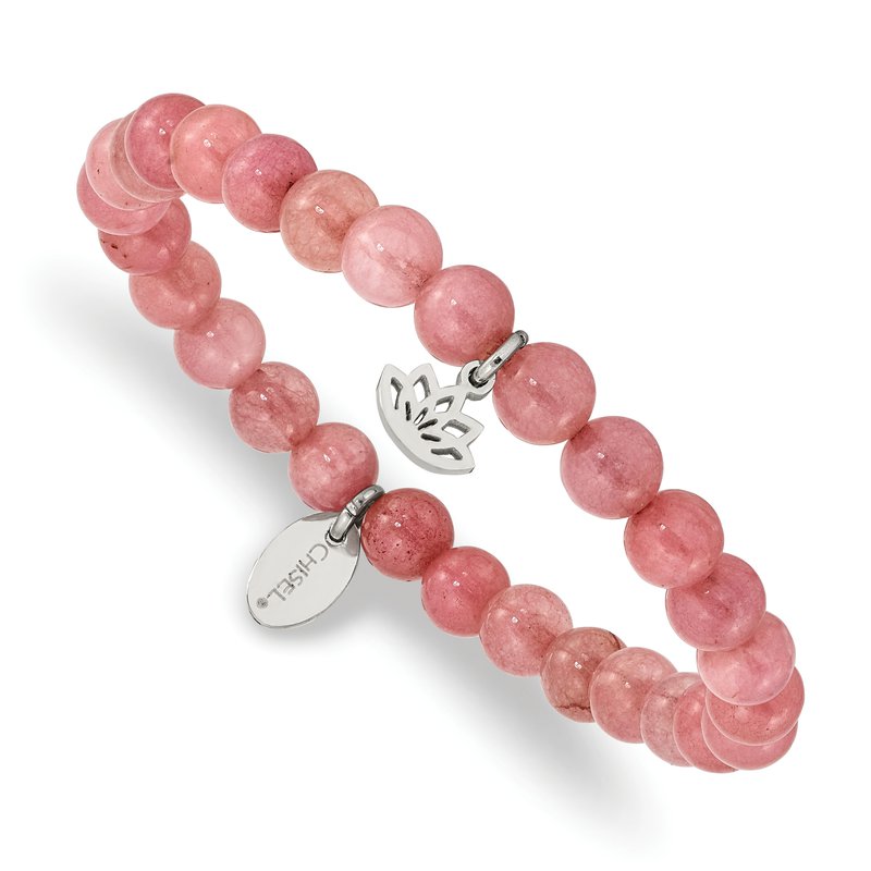 Stainless Steel Lotus Charm Pink Jade Stretch Bracelet Stainless Steel Lotus Charm Pink Jade Stretch Bracelet