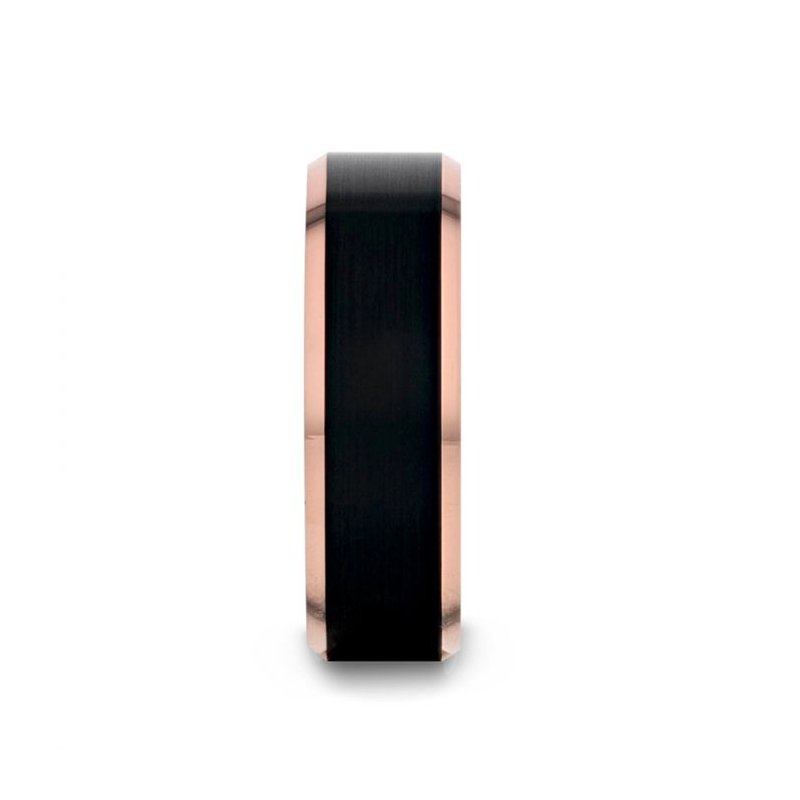 Thorsten HAYDEN Rose Gold Plated Tungsten Polished Beveled Ring with Brushed Black Center - 6mm & 8mm Thorsten HAYDEN Rose Gold Plated Tungsten Polished Beveled Ring with Brushed Black Center - 6mm & 8mm
