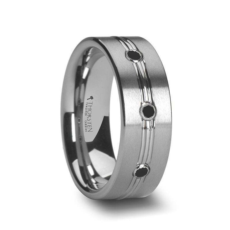 Thorsten ROYALE 3 Black Diamond Satin Finished Tungsten Ring Grooved Center and - 8mm Thorsten ROYALE 3 Black Diamond Satin Finished Tungsten Ring Grooved Center and - 8mm