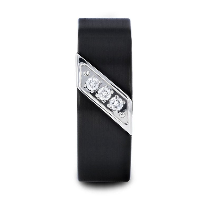 Thorsten LIAM Flat Black Satin Finished Tungsten Carbide Wedding Band with Diagonal Diamonds Set in Stainless Steel - 8mm Thorsten LIAM Flat Black Satin Finished Tungsten Carbide Wedding Band with Diagonal Diamonds Set in Stainless Steel - 8mm