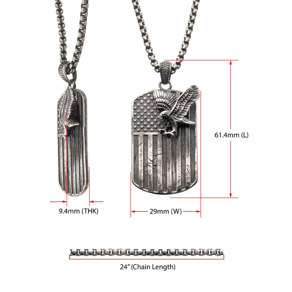 INOX Jewelry Gun Metal IP Rugged American Flag with Polished Steel