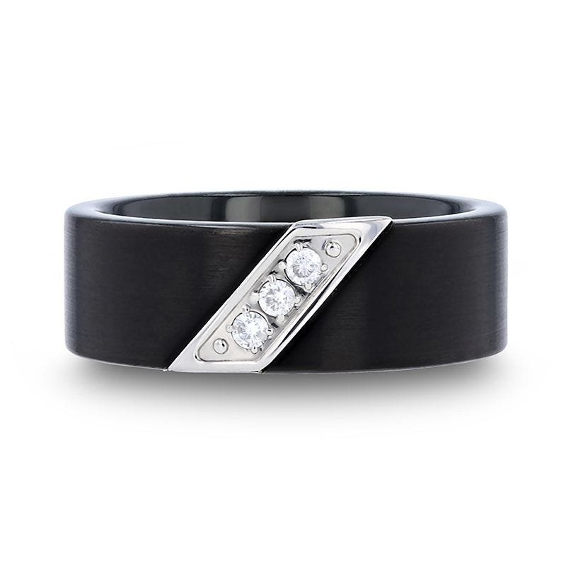 Thorsten LIAM Flat Black Satin Finished Tungsten Carbide Wedding Band with Diagonal Diamonds Set in Stainless Steel - 8mm Thorsten LIAM Flat Black Satin Finished Tungsten Carbide Wedding Band with Diagonal Diamonds Set in Stainless Steel - 8mm