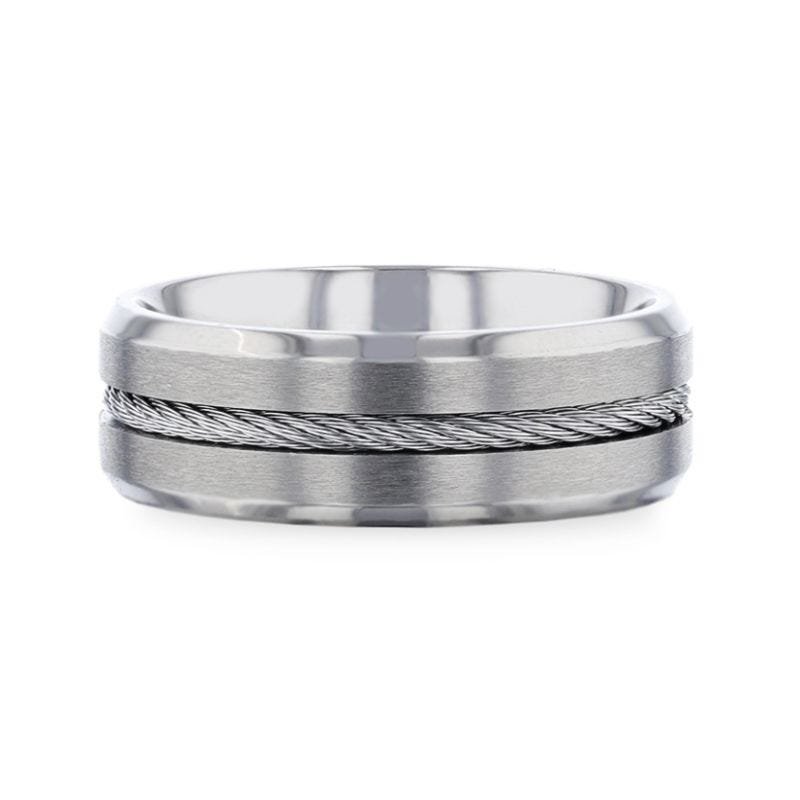 Thorsten ALBERT Steel Cable Inlaid Brushed Center Titanium Men's Wedding Band With With Beveled Polished Edges - 8mm