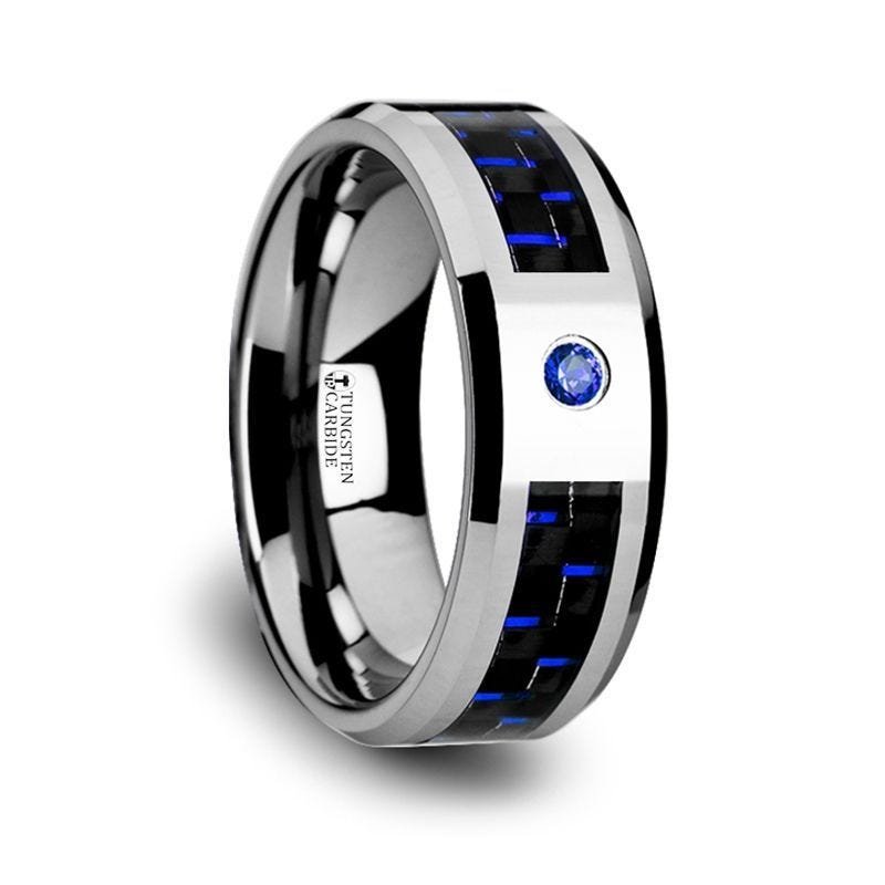 Thorsten NEPTUNE Tungsten Carbide Ring Black Blue Carbon Fiber Blue Sapphire Setting with Bevels - 8mm Thorsten NEPTUNE Tungsten Carbide Ring Black Blue Carbon Fiber Blue Sapphire Setting with Bevels - 8mm