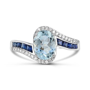 14K White Gold Aquamarine, Blue Sapphire and Diamond 0.150ctsd Ring R12812AQSB6W4