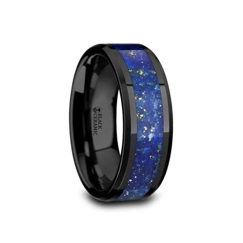 Thorsten MARLOW Black Ceramic Wedding Band with Blue Lapis Inlay & Beveled Edges - 8mm Thorsten MARLOW Black Ceramic Wedding Band with Blue Lapis Inlay & Beveled Edges - 8mm