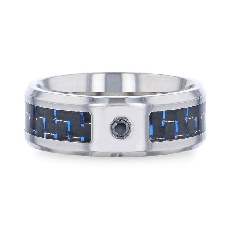 Thorsten PACIFIC Black And Blue Carbon Fiber Inlaid Titanium Men's Wedding Band With Beveled Polished Edges and Black Sapphire Center Stone Thorsten PACIFIC Black And Blue Carbon Fiber Inlaid Titanium Men's Wedding Band With Beveled Polished Edges and Black Sapphire Center Stone