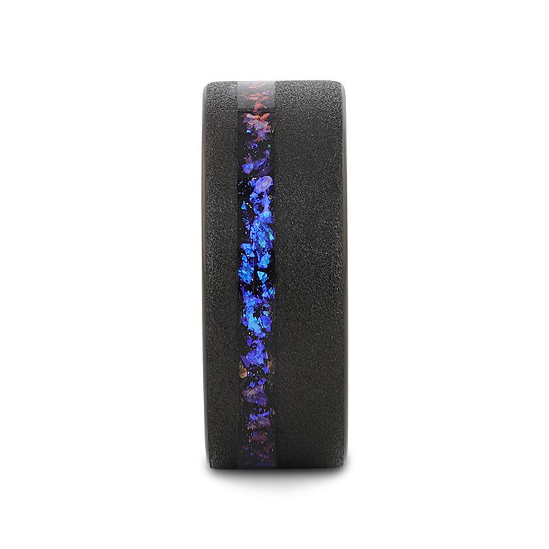 Thorsten MIRAGE Sandblasted Black Tungsten Ring with Crushed Alexandrite and Dark Blue & Purple Crushed Goldstone - 8mm Thorsten MIRAGE Sandblasted Black Tungsten Ring with Crushed Alexandrite and Dark Blue & Purple Crushed Goldstone - 8mm