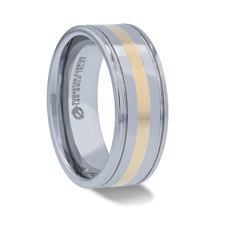 Thorsten LAZIO 14k Gold Inlay with Grooved Edges Tungsten Polished Wedding 8mm Band Thorsten LAZIO 14k Gold Inlay with Grooved Edges Tungsten Polished Wedding 8mm Band