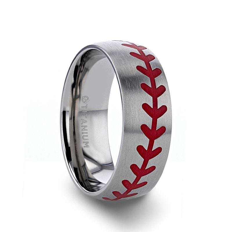 Thorsten DIMAGGIO Titanium Brushed Finish Ring with Red Baseball Stitching Pattern - 8mm Thorsten DIMAGGIO Titanium Brushed Finish Ring with Red Baseball Stitching Pattern - 8mm