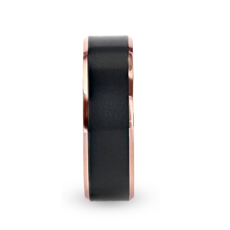 Thorsten STEPHEN Rose Gold Plated Black Titanium Flat Brushed Center Wedding Ring With Beveled Polished Edges - 6mm & 8mm Thorsten STEPHEN Rose Gold Plated Black Titanium Flat Brushed Center Wedding Ring With Beveled Polished Edges - 6mm & 8mm