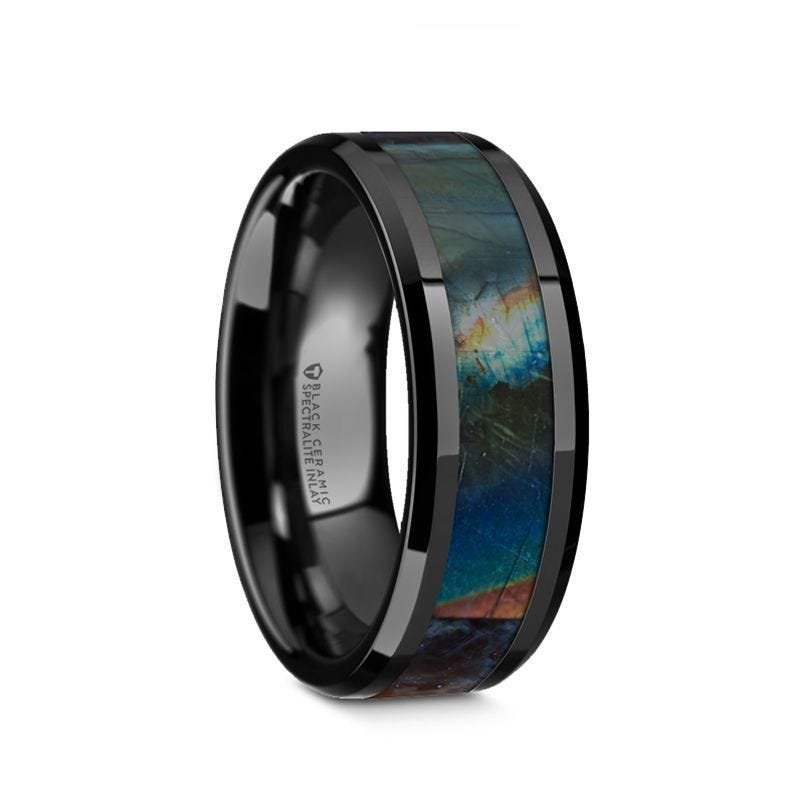 Thorsten IRIDESCENCE Black Ceramic Spectrolite Inlay Polished Finish Wedding Band with Beveled Edges - 8mm Thorsten IRIDESCENCE Black Ceramic Spectrolite Inlay Polished Finish Wedding Band with Beveled Edges - 8mm