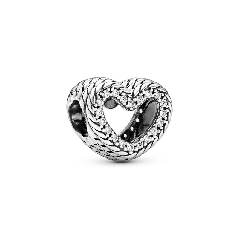 PANDORA Snake chain pattern heart sterling silver charm with clear ...