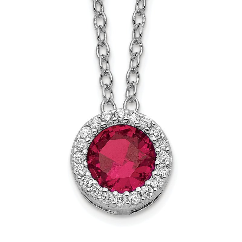 Cheryl M Sterling Silver Round Created Ruby & CZ Halo Pendant Necklace Cheryl M Sterling Silver Round Created Ruby & CZ Halo Pendant Necklace