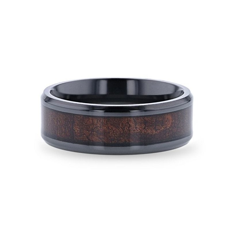 Thorsten CERISE Redwood Inlaid Black Ceramic Ring with Beveled Edges - 8mm Thorsten CERISE Redwood Inlaid Black Ceramic Ring with Beveled Edges - 8mm