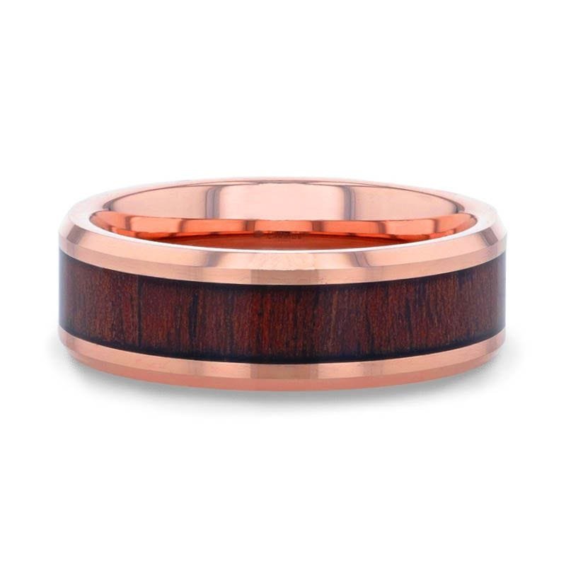 Thorsten DYLAN Rose Gold Plated Koa Wood Inlaid Tungsten Wedding Band With Beveled Polished Edges - 8mm Thorsten DYLAN Rose Gold Plated Koa Wood Inlaid Tungsten Wedding Band With Beveled Polished Edges - 8mm