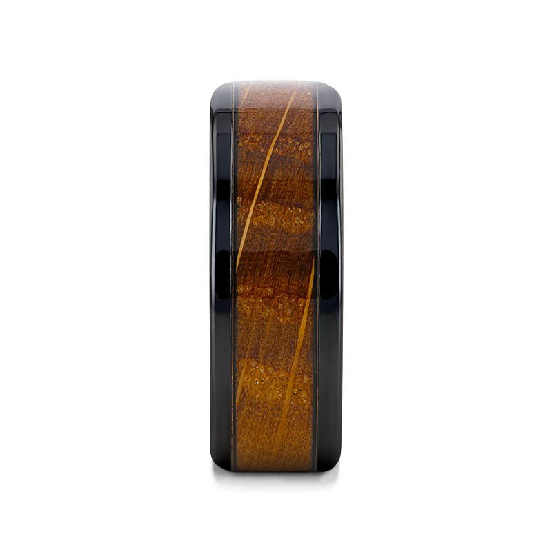 Thorsten BOURBON Black Zirconium Ring with Whiskey Barrel Wood Inlay and Black Sapphires - 8mm