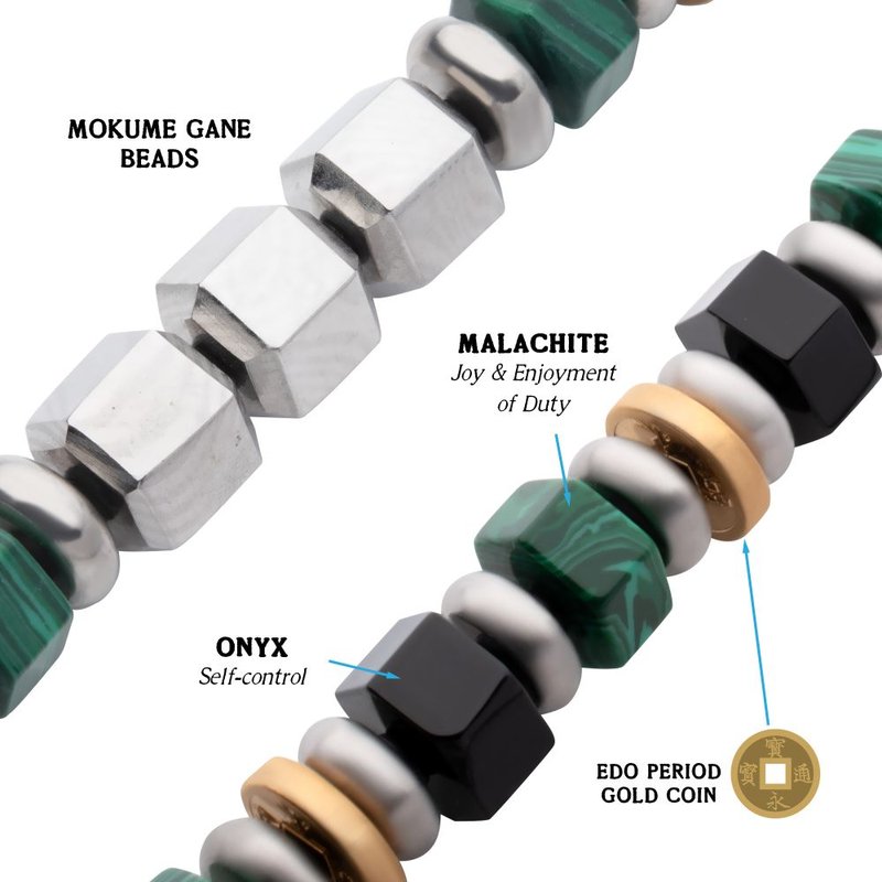 INOX Jewelry 8mm Steel, Malachite and Onyx Beads Bushido Bracelet