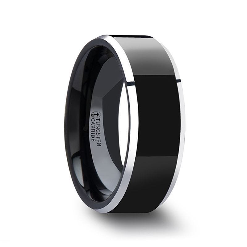 Thorsten MACLAREN Black Polish Finished Center Tungsten Wedding Band with Polished Gray Tungsten Beveled Edges - 4mm 6mm or 8mm