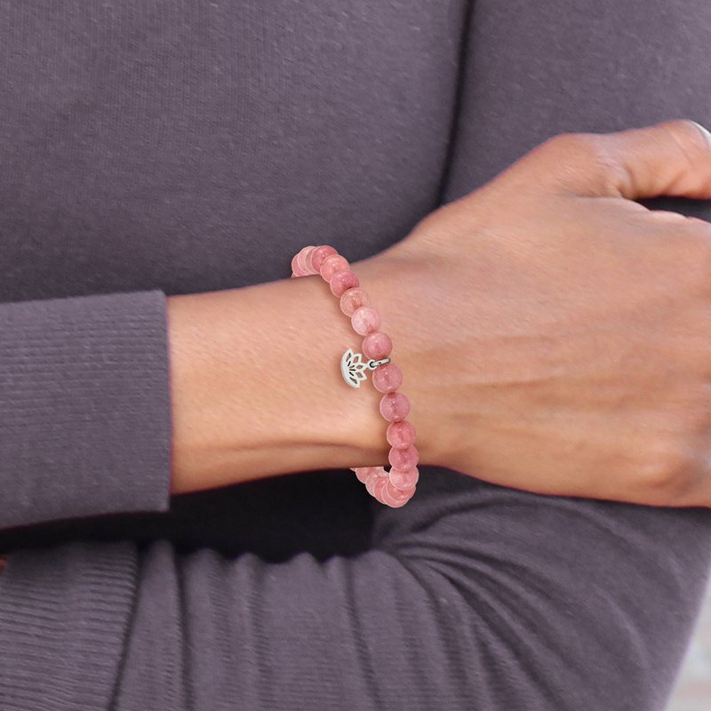 Stainless Steel Lotus Charm Pink Jade Stretch Bracelet Stainless Steel Lotus Charm Pink Jade Stretch Bracelet