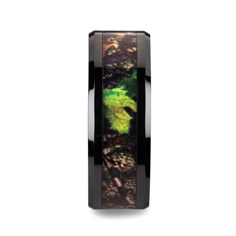 Thorsten NIGHTFALL Realistic Tree Camo Black Ceramic Wedding Band with Green Leaves - 8mm