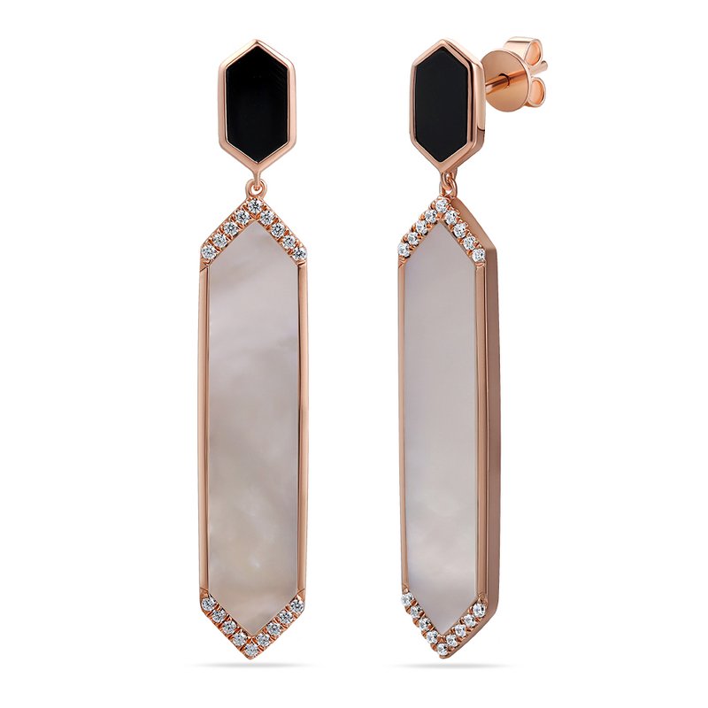 Shula NY 14K hexagon shape drop earrings with 36 diamonds 0.18ct 2 black onyx 0.90ct 2 white agate 5.26ct E534 Martin Jewelers