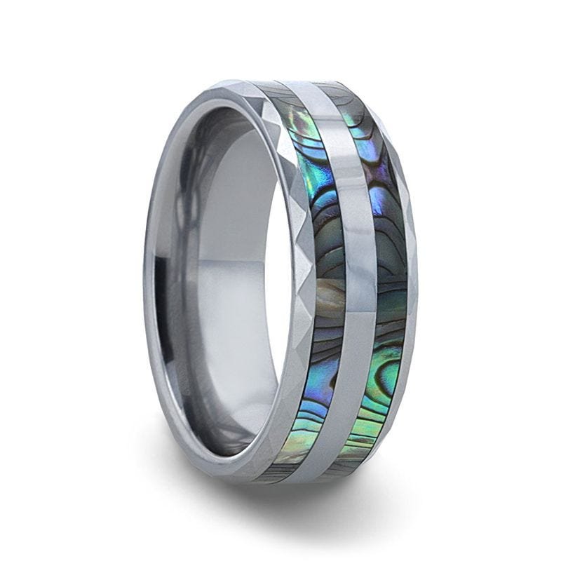 Thorsten PAUA Double Abalone Shell Inlay Faceted Tungsten Ring With Beveled Polished Edges - 8mm Thorsten PAUA Double Abalone Shell Inlay Faceted Tungsten Ring With Beveled Polished Edges - 8mm