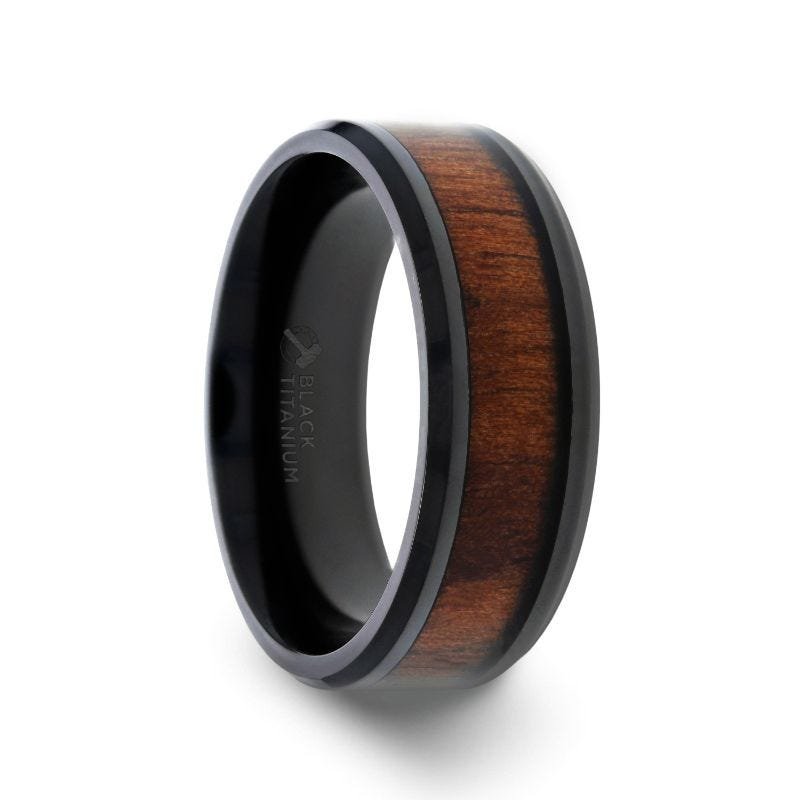 Thorsten KONY Black Titanium Polished Beveled Edges Black Walnut Wood Inlaid Men’s Wedding Ring - 6mm & 8mm Thorsten KONY Black Titanium Polished Beveled Edges Black Walnut Wood Inlaid Men’s Wedding Ring - 6mm & 8mm